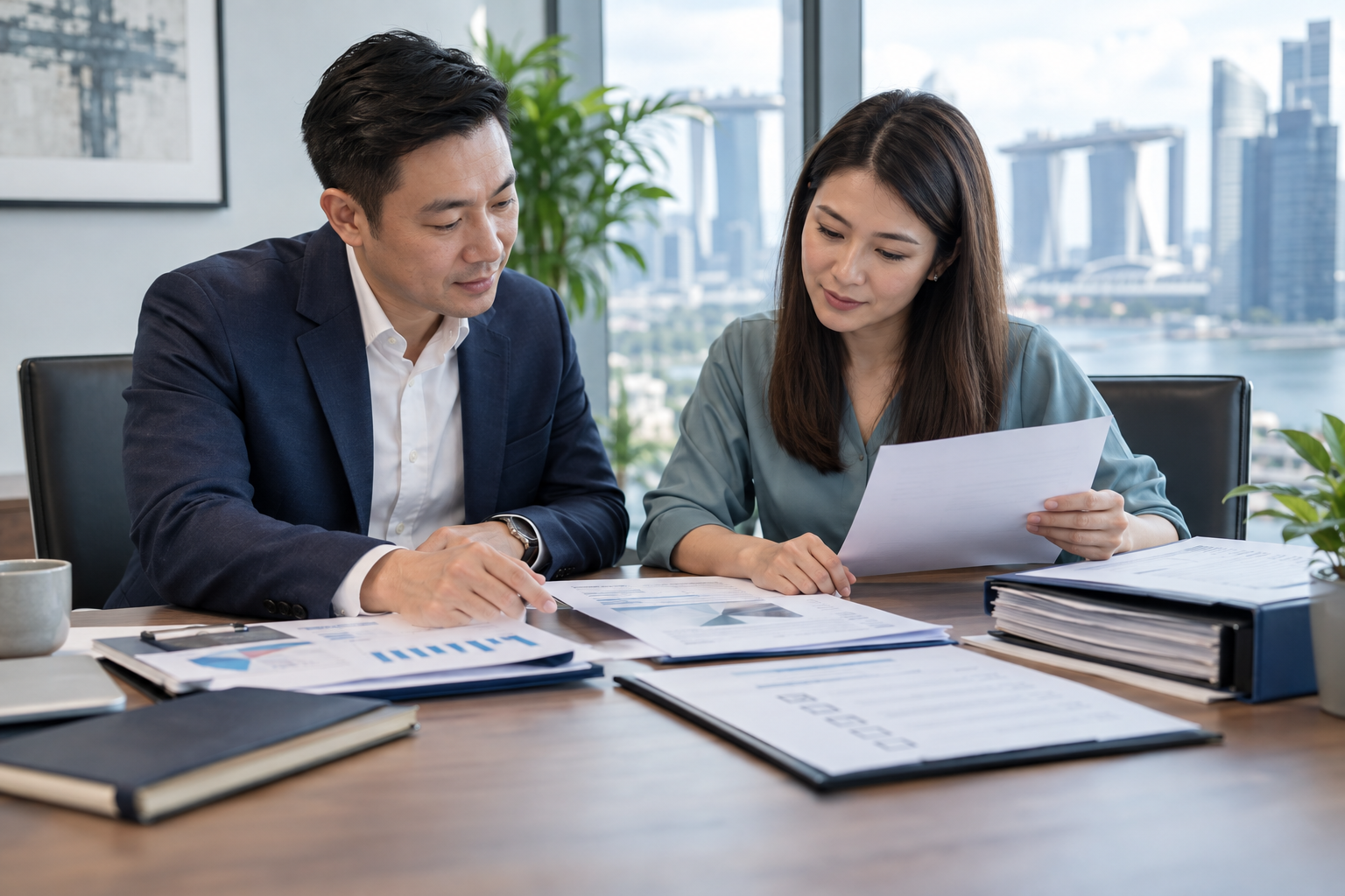 Business owner and adviser reviewing invoices and cash flow