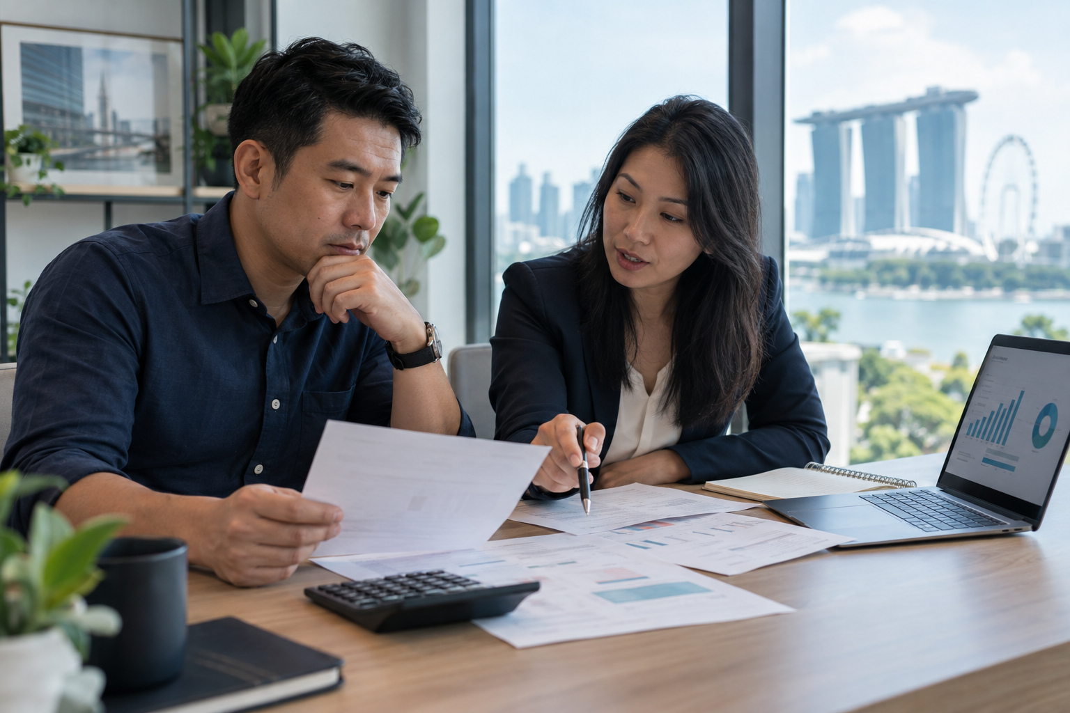 Business owner and adviser organizing financial statements for a loan application